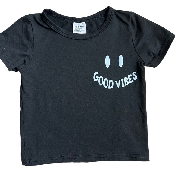 NWOT BOYS BLACK “GOOD VIBES” T-SHIRT AND SHORT SET SIZE 12-18MO - Picture 4 of 10